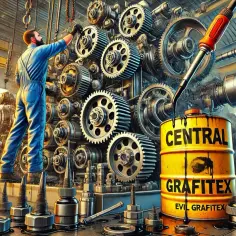 Mechanik smaruje wielką maszynę smarem grafitowym. Beczka "Central Grafitex" obok.