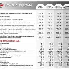 Cennik myjni ręcznej TechCar. Jak korzystać? Wybierz pakiet lub usługę, np. mycie z woskiem, odkurzanie, pranie tapicerki. Ceny od 10 zł.