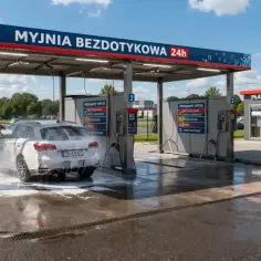 Samochód myty na myjni bezdotykowej 24h. Widać stanowiska mycia i odkurzacze.