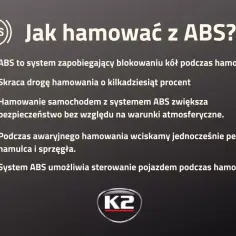 Co to ABS? System zapobiega blokowaniu kół, skraca drogę hamowania i pozwala sterować autem podczas hamowania. Zwiększa bezpieczeństwo.