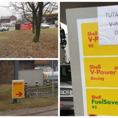 Na stacji Shell widać ceny paliw, w tym V-Power Diesel. Tablica informuje: "Tutaj nie ma V-Powera Diesla".