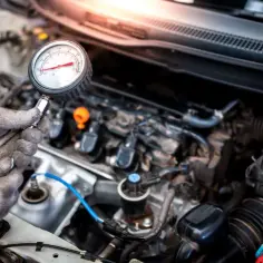 Mechanik sprawdza jakie ciśnienie sprężania w dieslu za pomocą manometru.