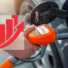 Wlewam gaz LPG do samochodu, a wykres słupkowy z czerwoną strzałką w górę sugeruje wzrost ceny gazu.