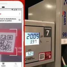 Aplikacja ORLEN Pay na telefonie pokazuje kod QR do zeskanowania przy dystrybutorze paliwa. Obok widoczny dystrybutor z wyświetlaczem kwoty i ilości paliwa.