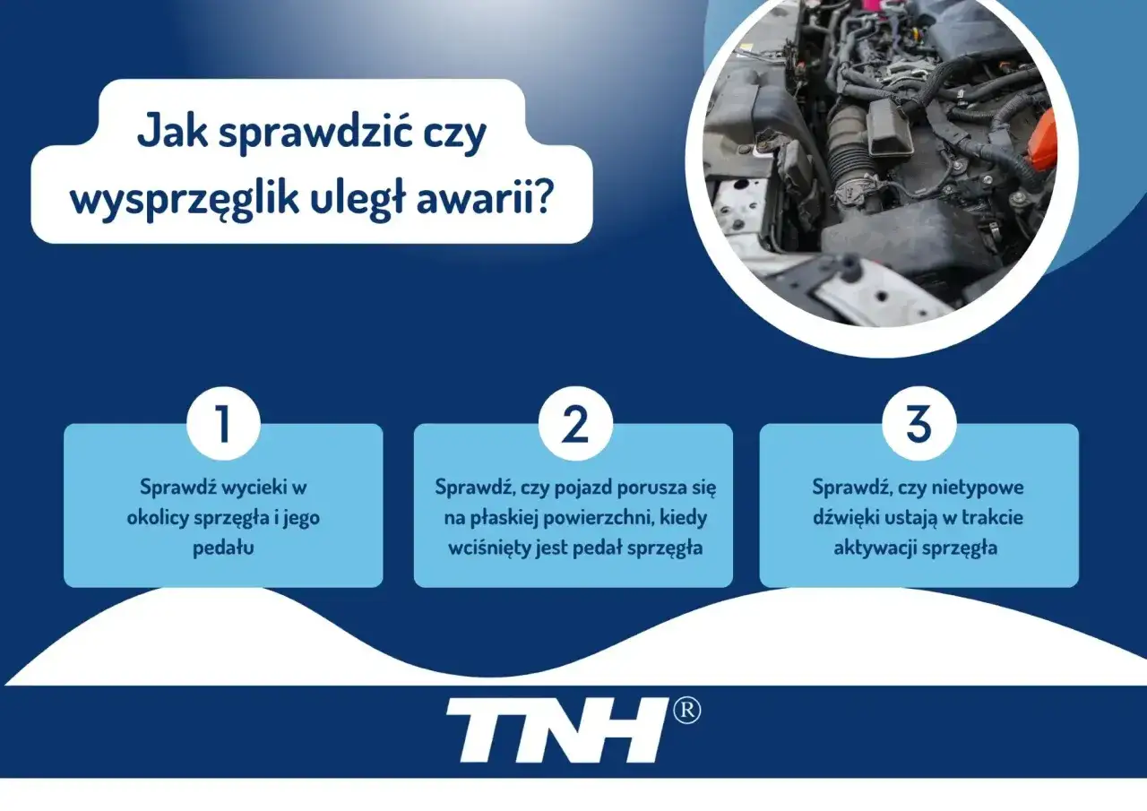Jak sprawdzić uszkodzony wysprzęglik objawy: wycieki, ruch pojazdu na płaskiej powierzchni przy wciśniętym sprzęgle, nietypowe dźwięki.