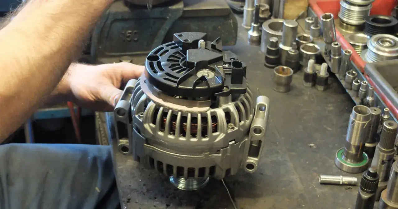 Warsztat samochodowy. Mechanik pracuje nad regeneracją alternatora. Sprawdź, jaka jest regeneracja alternatora cena.