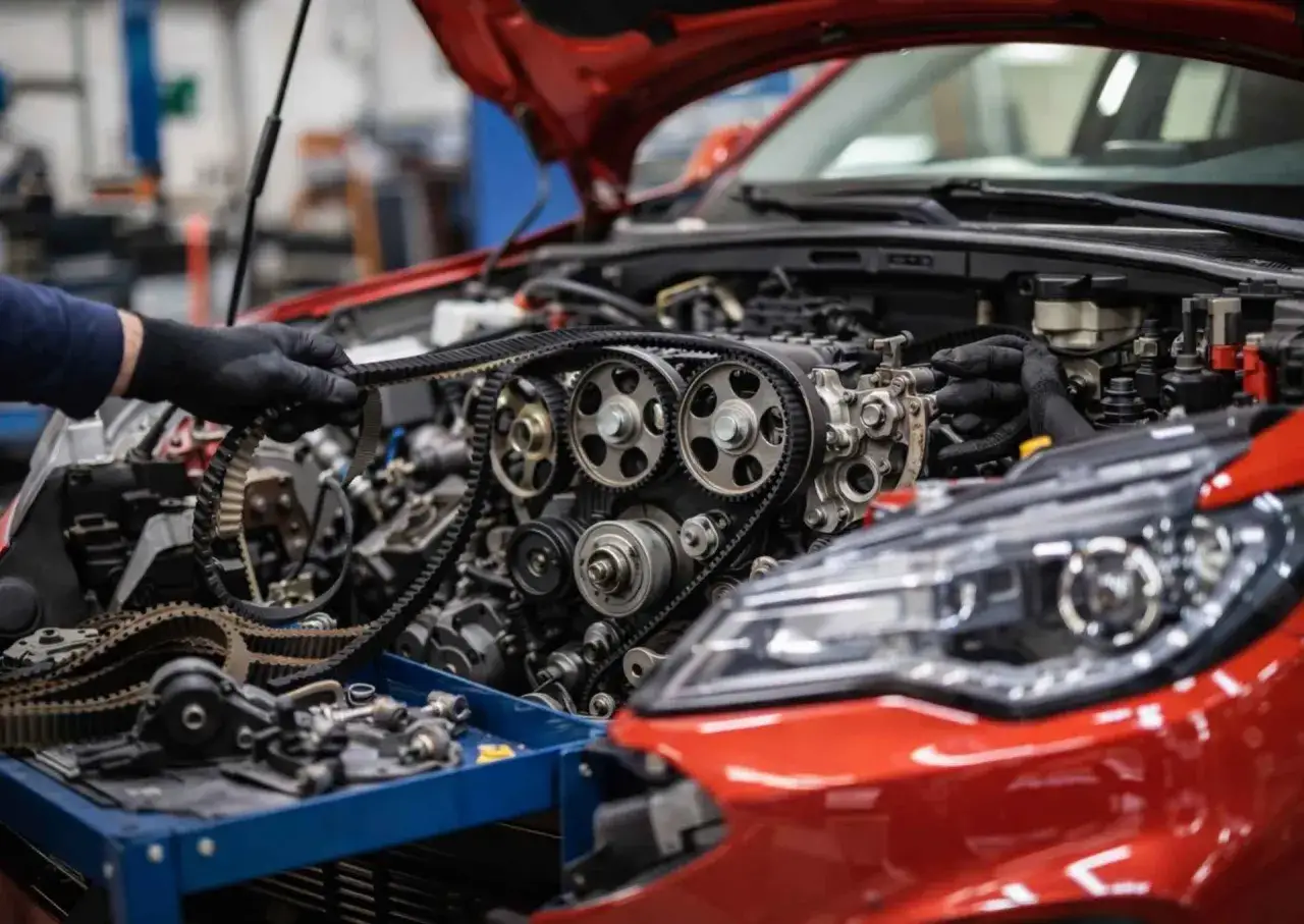 Mechanik w czarnych rękawiczkach dokonuje wymiany łańcucha rozrządu w czerwonym samochodzie. Widoczne koła zębate i paski napędowe silnika.