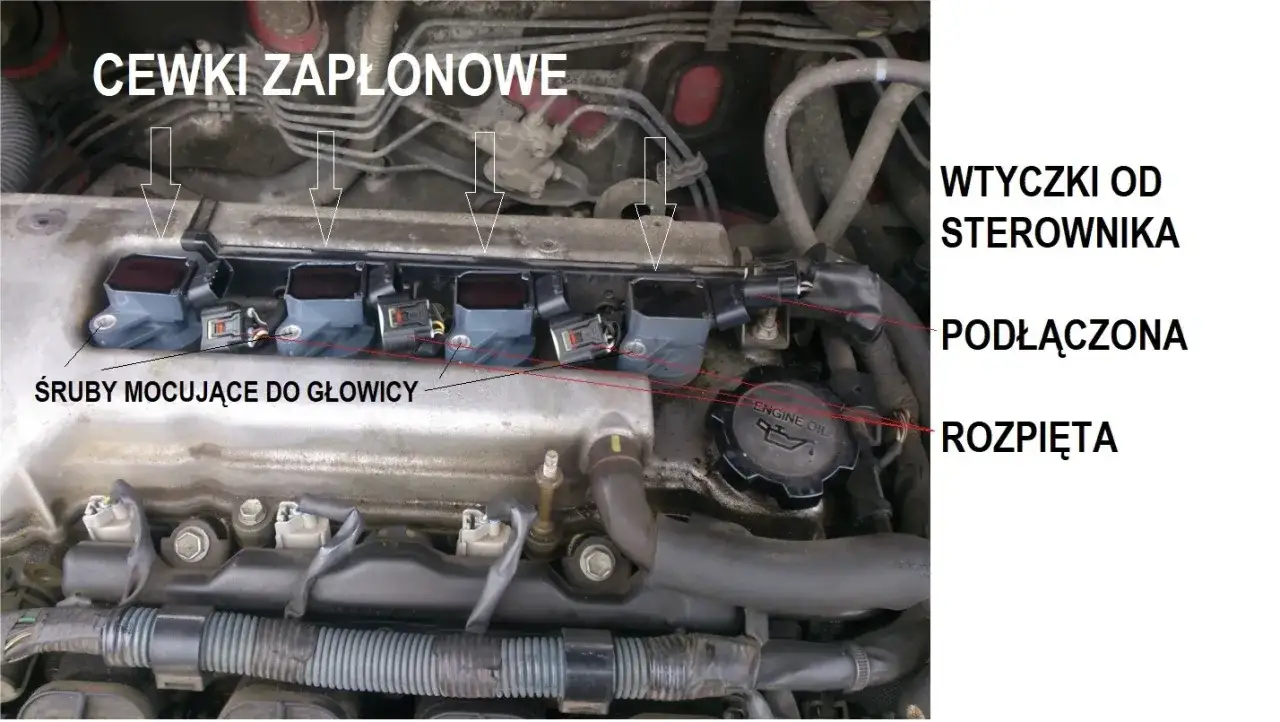 Silnik samochodowy z widocznymi cewkami zapłonowymi, śrubami mocującymi do głowicy i wtyczkami od sterownika.