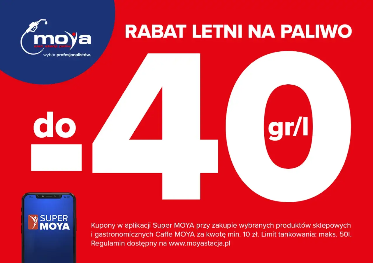 Letnia promocja na paliwo: do 40 gr/l rabatu. Kupony w aplikacji Super MOYA.
