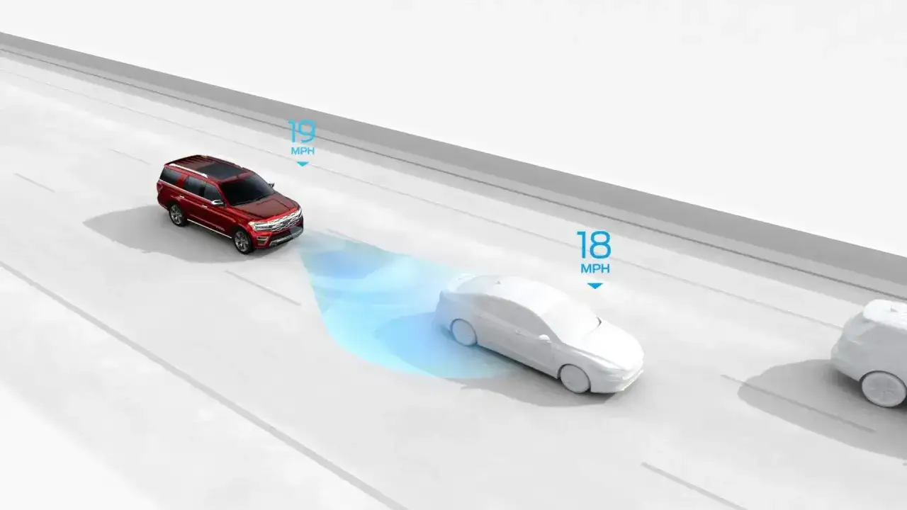 Czerwony SUV z aktywnym tempomatem utrzymuje bezpieczną odległość od białego sedana jadącego z mniejszą prędkością.