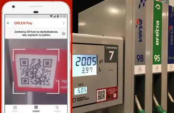 Aplikacja ORLEN Pay na telefonie pokazuje kod QR do zeskanowania przy dystrybutorze paliwa. Obok widoczny dystrybutor z wyświetlaczem kwoty i ilości paliwa.