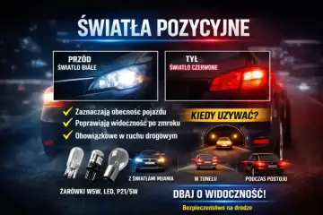 Światła pozycyjne: białe z przodu, czerwone z tyłu. Niezbędne dla widoczności i bezpieczeństwa na drodze, szczególnie w tunelu i podczas postoju.